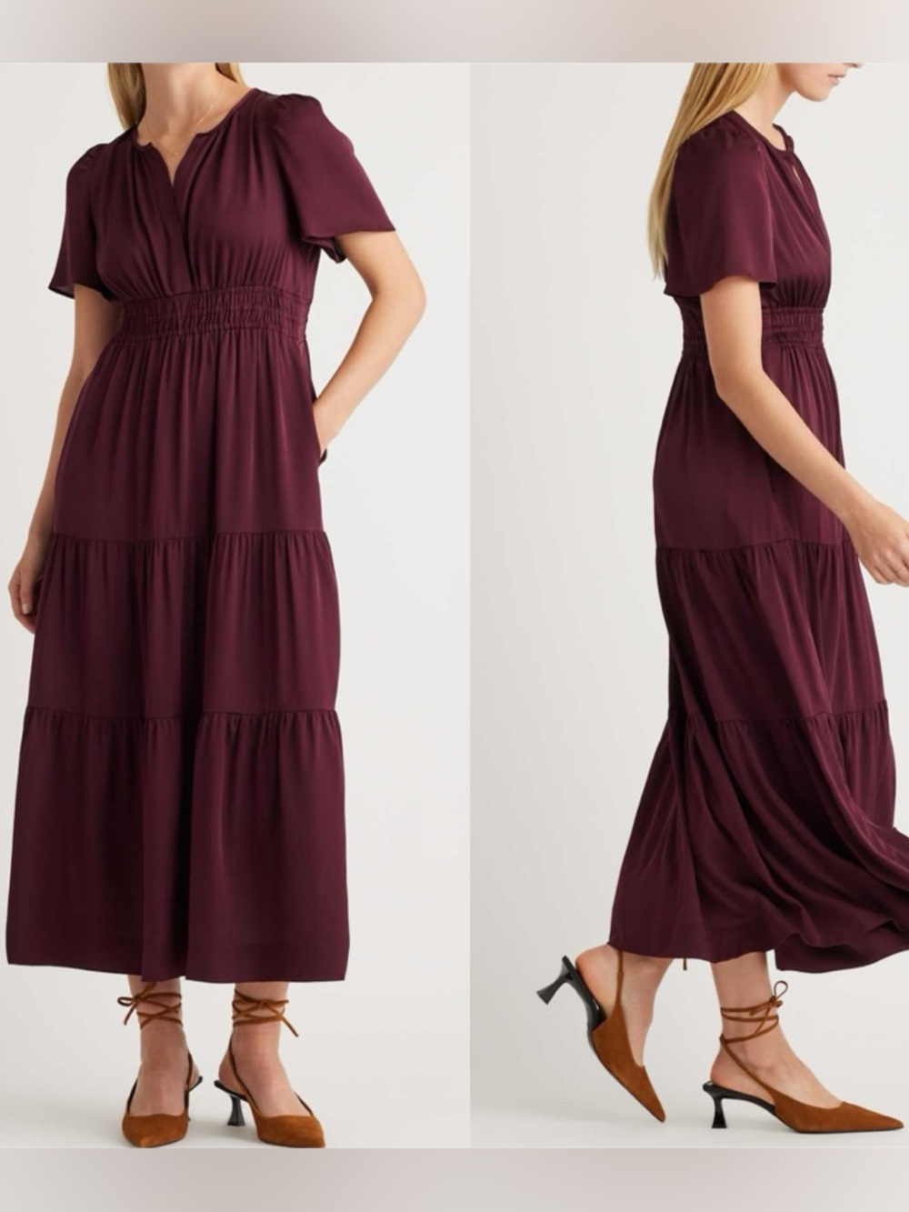 Quince ‘Washable Stretch Silk Tiered Maxi Dress’ Wine red